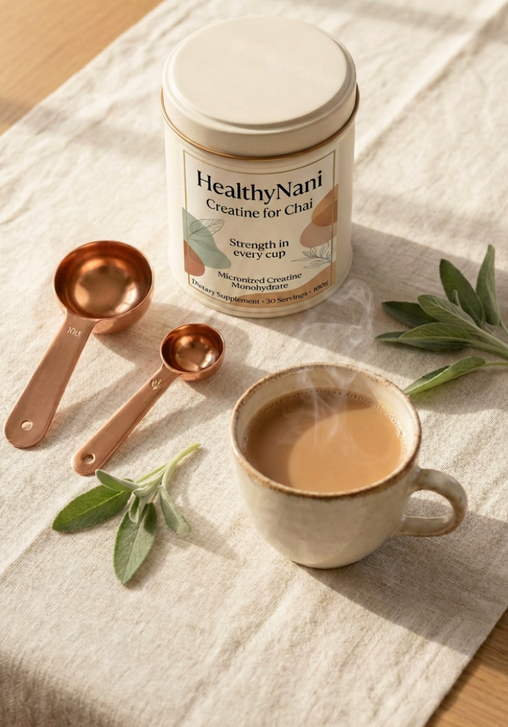 A jar of HealthyNani Creatine for Chai sits on a beige linen cloth beside a cup of chai tea, with two copper measuring cups and green herb sprigs.