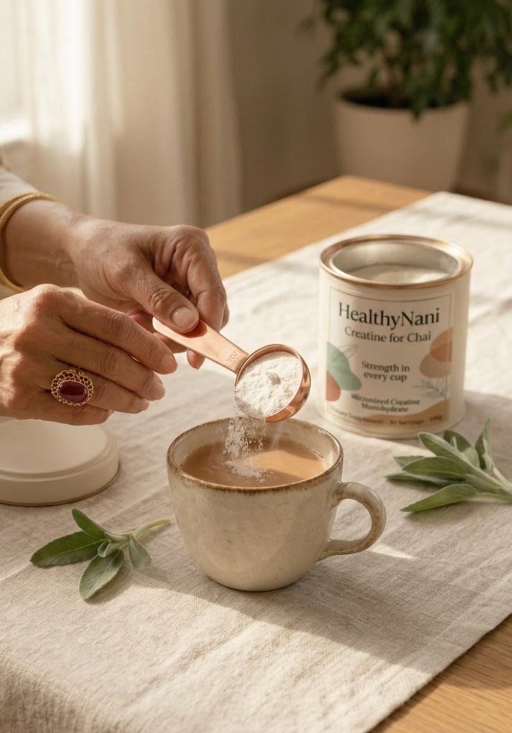 A person's hands are shown adding powder from a copper measuring spoon into a ceramic cup of chai. A canister of HealthyNani Chai Strength in Every Cup is visible in the background on a linen table runner.