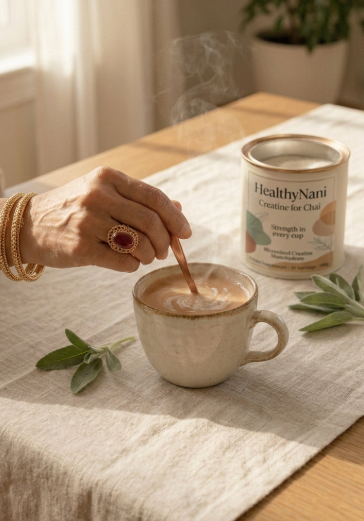 A person's hand stirs a steaming cup of chai with a wooden spoon, with a canister of HealthyNani Creative Tea Chai on a linen tablecloth in a warm, sunlit setting.