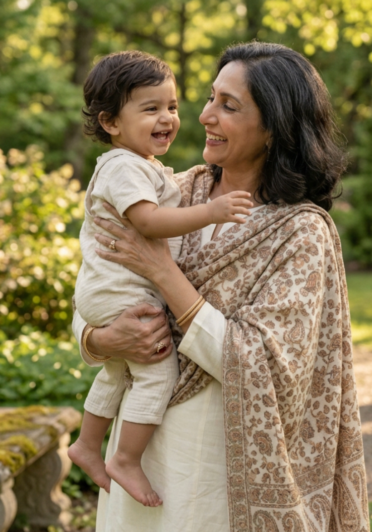 A woman in a cream-colored outfit and patterned shawl holds a smiling toddler outdoors in a garden setting.