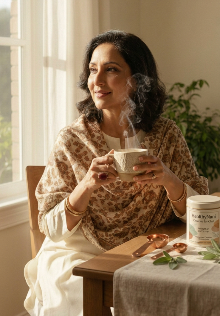 A woman in a beige and brown patterned shawl sits at a wooden table by a window, holding a steaming cup. A jar labeled HealthyNari is on the table next to copper spoons and green leaves.